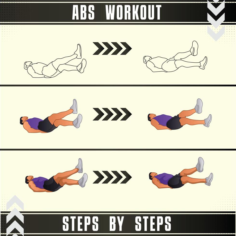 Man Workout Set. Man doing fitness, abs and yoga exercises. Lunges, Pushups, Squats, Dumbbell rows, Burpees, Side planks, Situ ps, Glute bridge, Leg Raise, Russian Twist, Side Crunch .etc vector