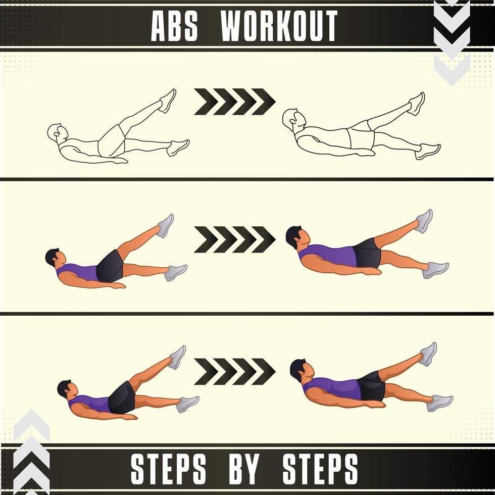 Man Workout Set. Man doing fitness, abs and yoga exercises. Lunges, Pushups, Squats, Dumbbell rows, Burpees, Side planks, Situ ps, Glute bridge, Leg Raise, Russian Twist, Side Crunch .etc vector