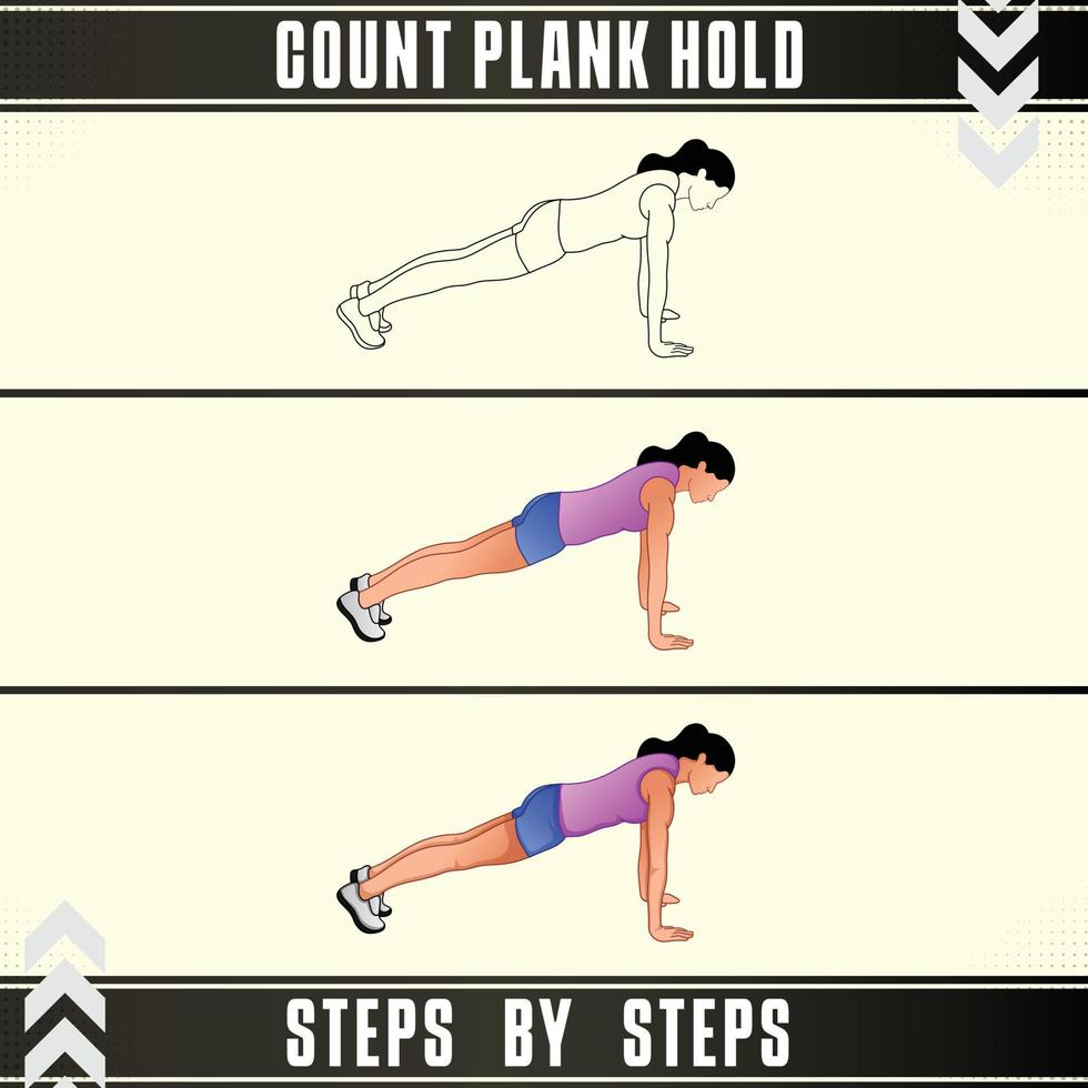 Woman Workout Set. Woman doing fitness, abs and yoga exercises. Lunges, Pushups, Squats, Dumbbell rows, Burpees, Side planks, Situ ps, Glute bridge, Leg Raise, Russian Twist, Side Crunch .et vector