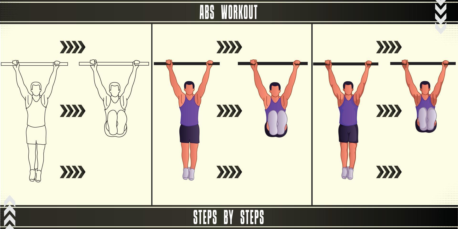 Man Workout Set. Man doing fitness, abs and yoga exercises. Lunges, Pushups, Squats, Dumbbell rows, Burpees, Side planks, Situ ps, Glute bridge, Leg Raise, Russian Twist, Side Crunch .etc vector