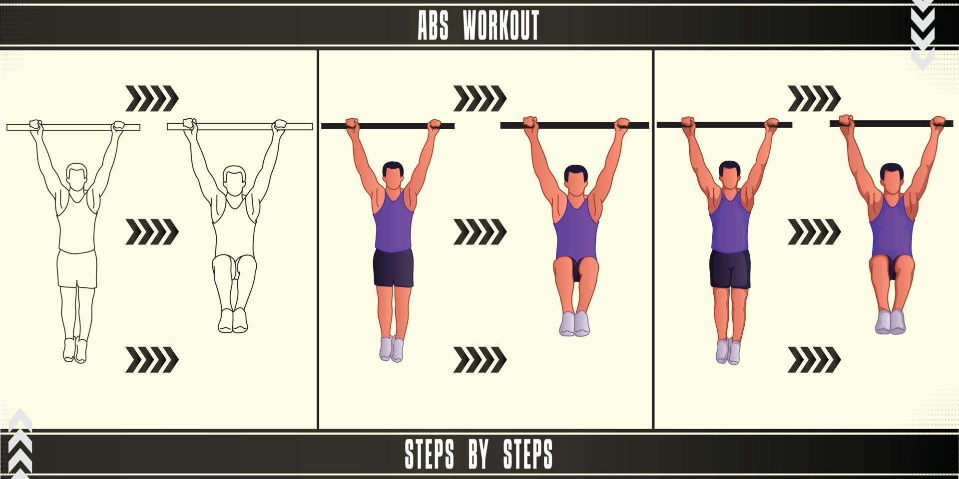 Man Workout Set. Man doing fitness, abs and yoga exercises. Lunges, Pushups, Squats, Dumbbell rows, Burpees, Side planks, Situ ps, Glute bridge, Leg Raise, Russian Twist, Side Crunch .etc vector