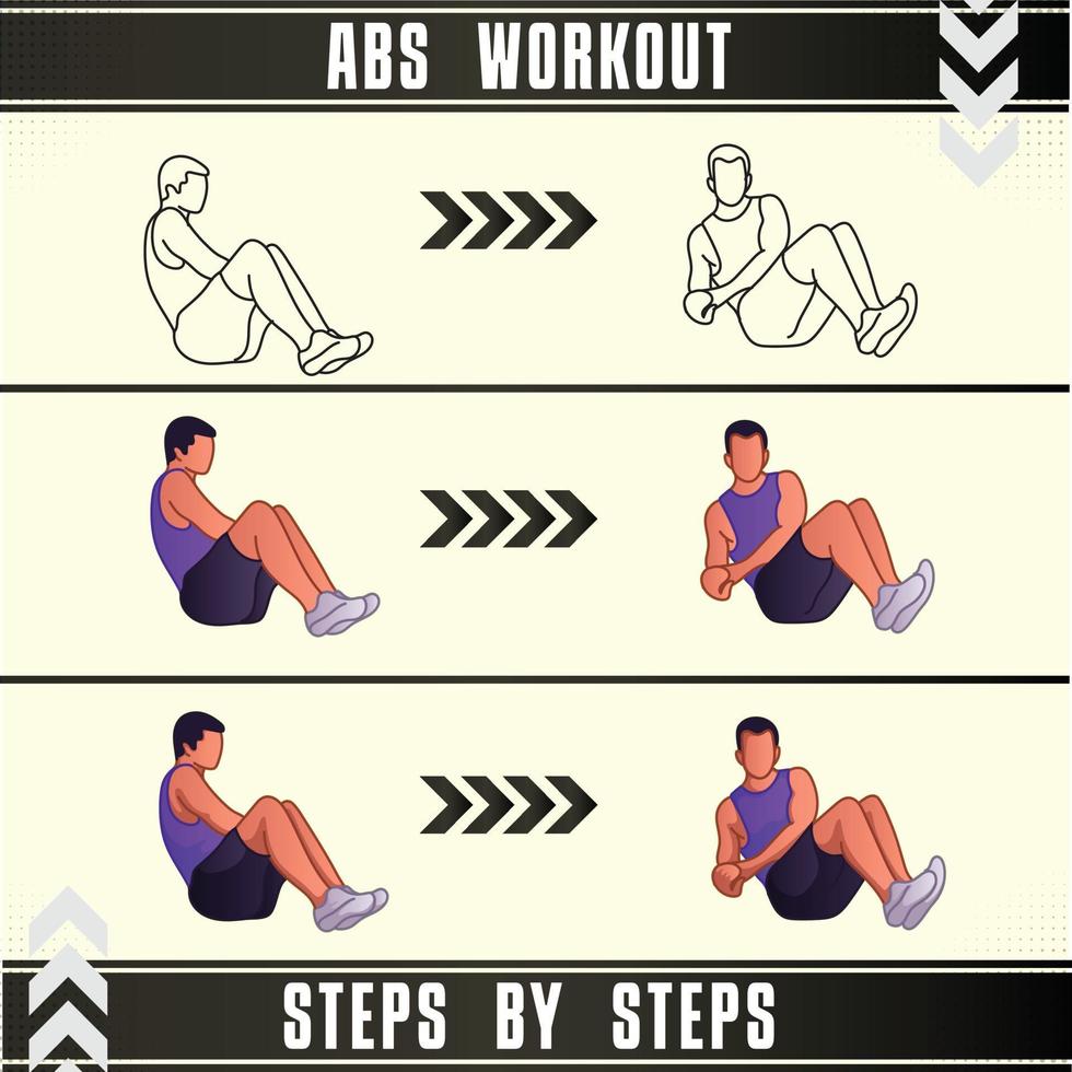 Man Workout Set. Man doing fitness, abs and yoga exercises. Lunges, Pushups, Squats, Dumbbell rows, Burpees, Side planks, Situ ps, Glute bridge, Leg Raise, Russian Twist, Side Crunch .etc vector