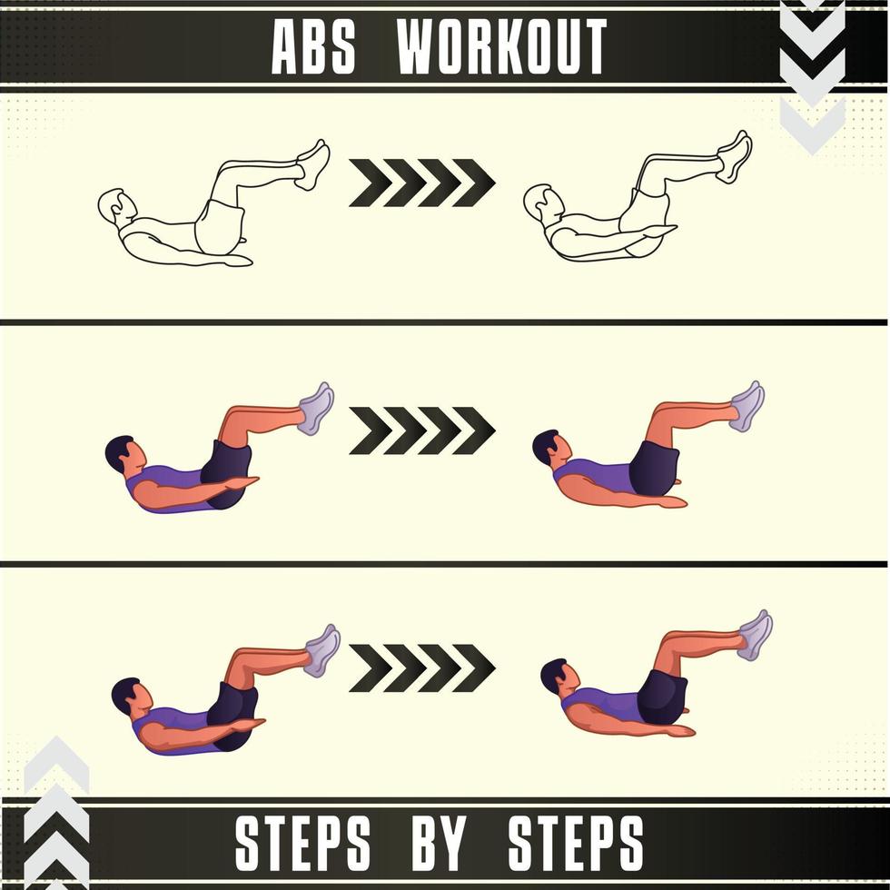 Man Workout Set. Man doing fitness, abs and yoga exercises. Lunges, Pushups, Squats, Dumbbell rows, Burpees, Side planks, Situ ps, Glute bridge, Leg Raise, Russian Twist, Side Crunch .etc vector