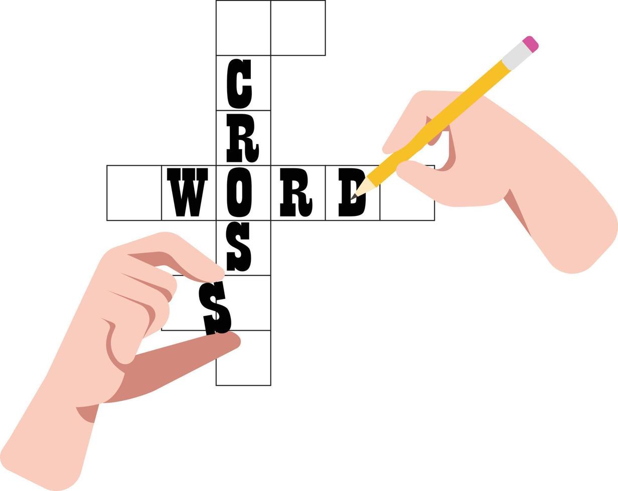 Hands holding pencils and Crossword vector illustrations, drawing tools