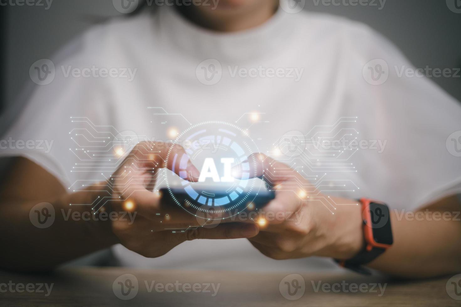 Technology and people concept woman use AI to help work, AI Learning and Artificial Intelligence Concept. Business, modern technology, internet and networking concept. AI technology in everyday life. photo