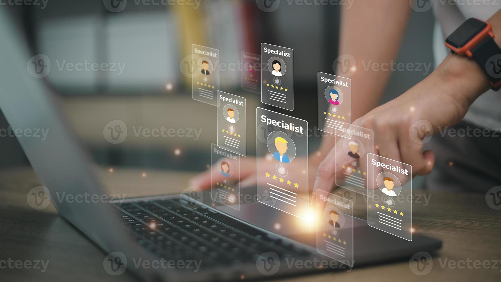 Online recruitment application and one day specialist search service concept with man finger on virtual digital interface with personal cards with rating photo