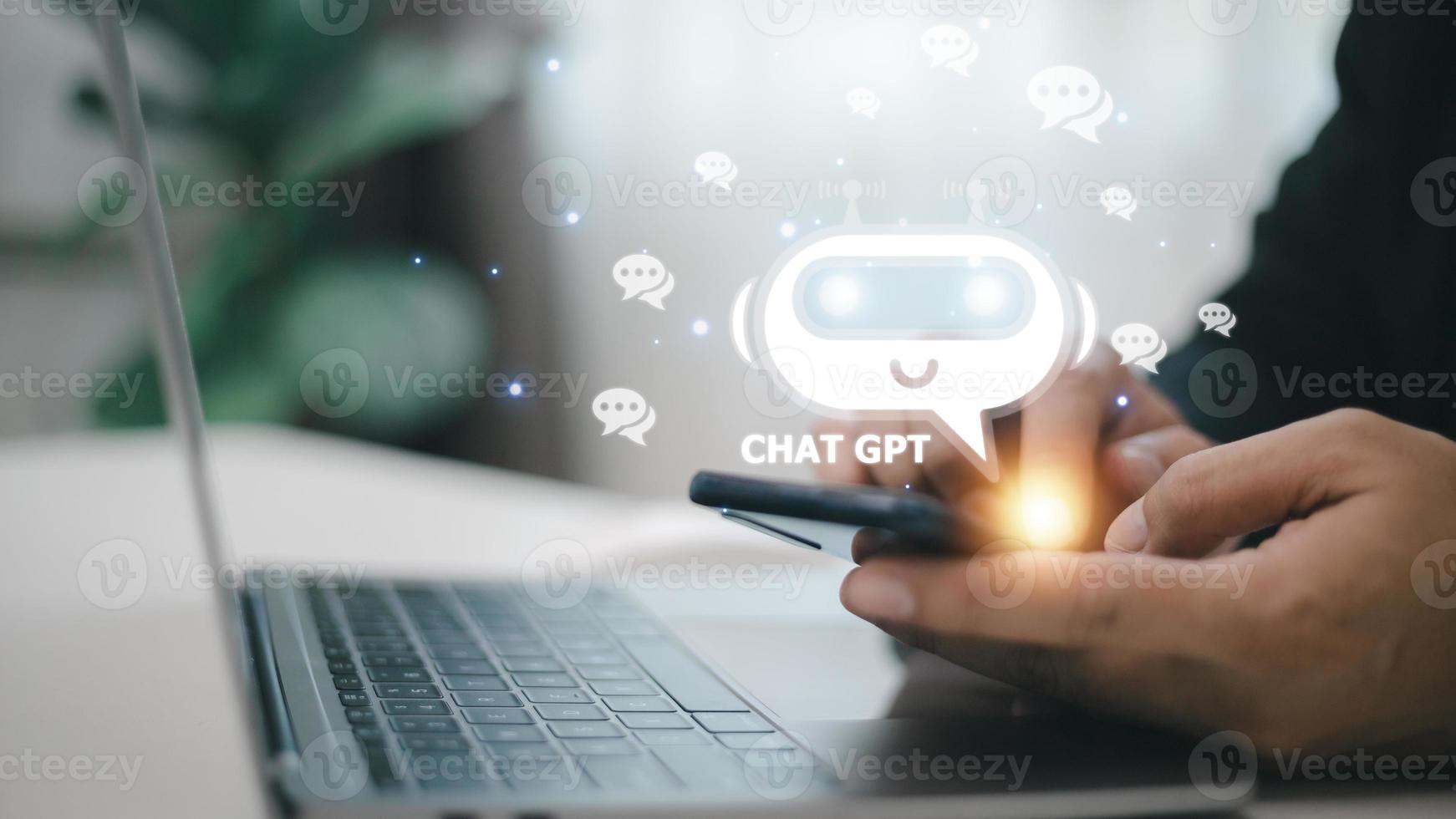 ChatGPT Chat with AI or Artificial Intelligence. man chatting with a smart AI or artificial intelligence using an artificial intelligence chatbot developed by OpenAI. photo