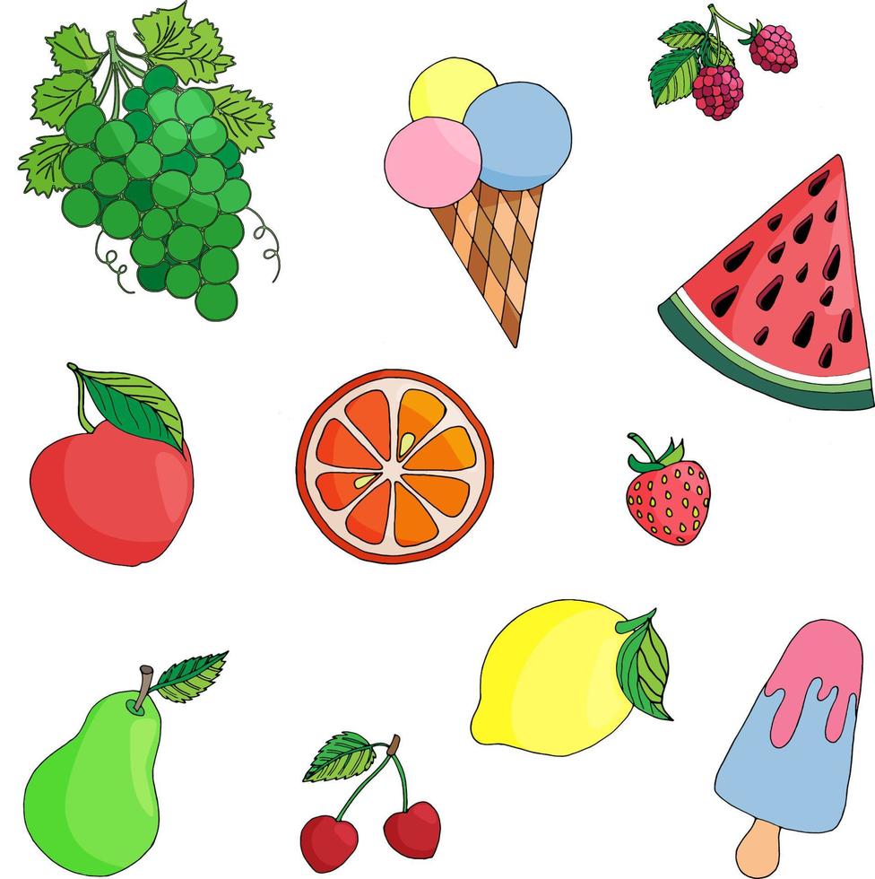 vector illustration summer food set fruits and ice cream