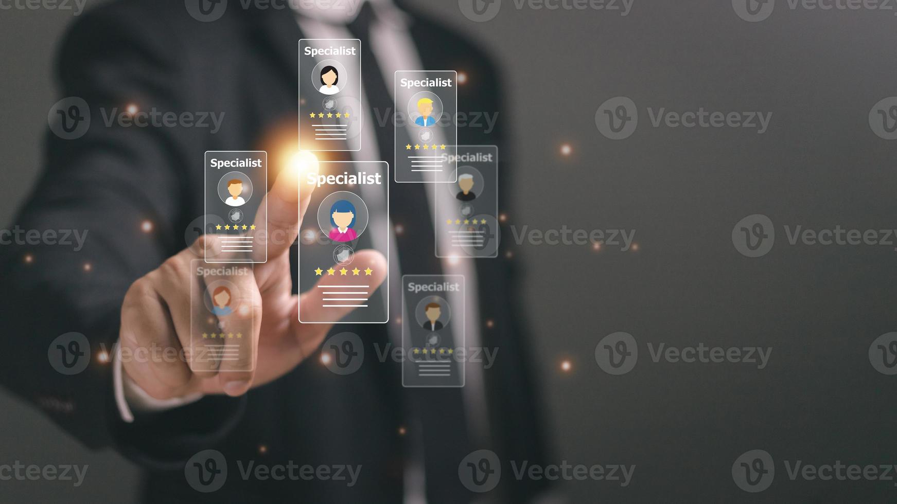 Online recruitment application and one day specialist search service concept with man finger on virtual digital interface with personal cards with rating photo