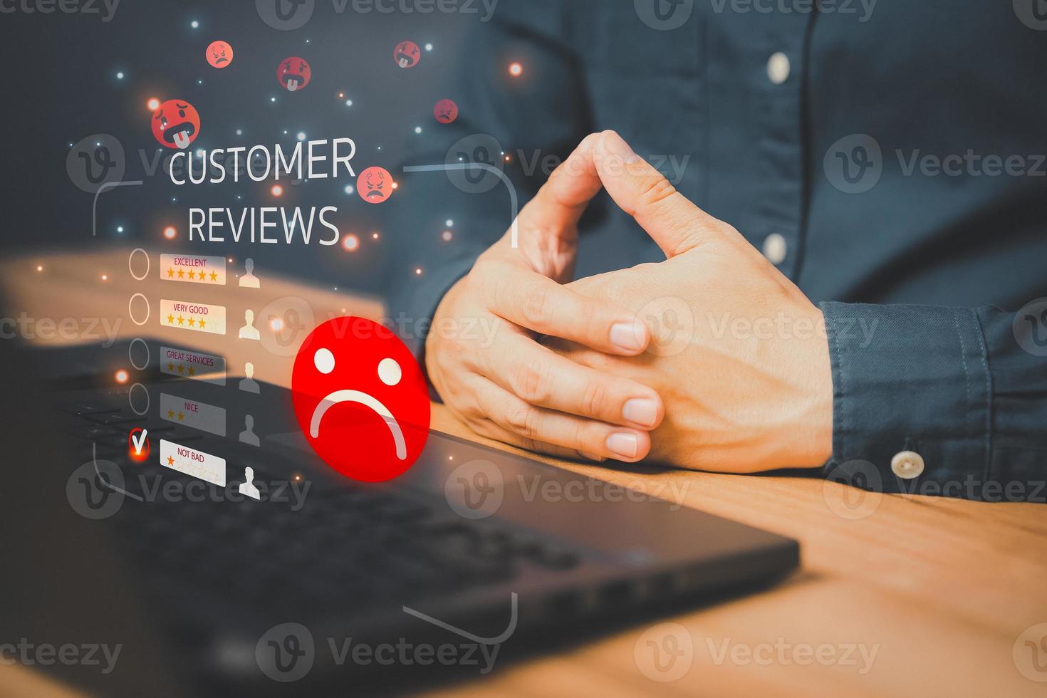 Unhappy man customer with sad emotion face on laptop. Bad review and service dislike poor quality, low rating, bad social media not good. Customer experience dissatisfied and testimonial concept. photo