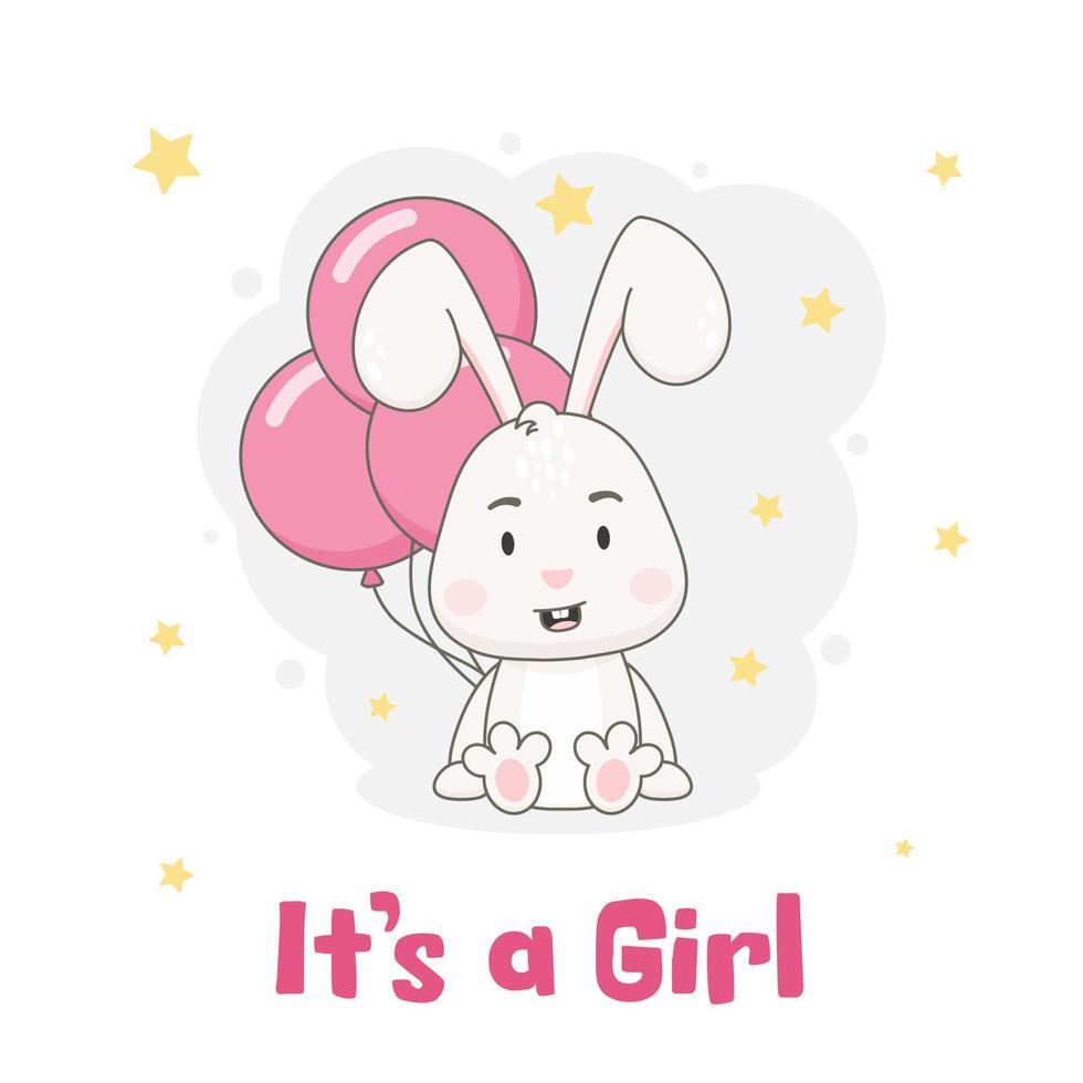 es una chica. lindo personaje de conejo con globos rosas y estrellas aisladas en fondo blanco. ilustración vectorial de conejito. vector