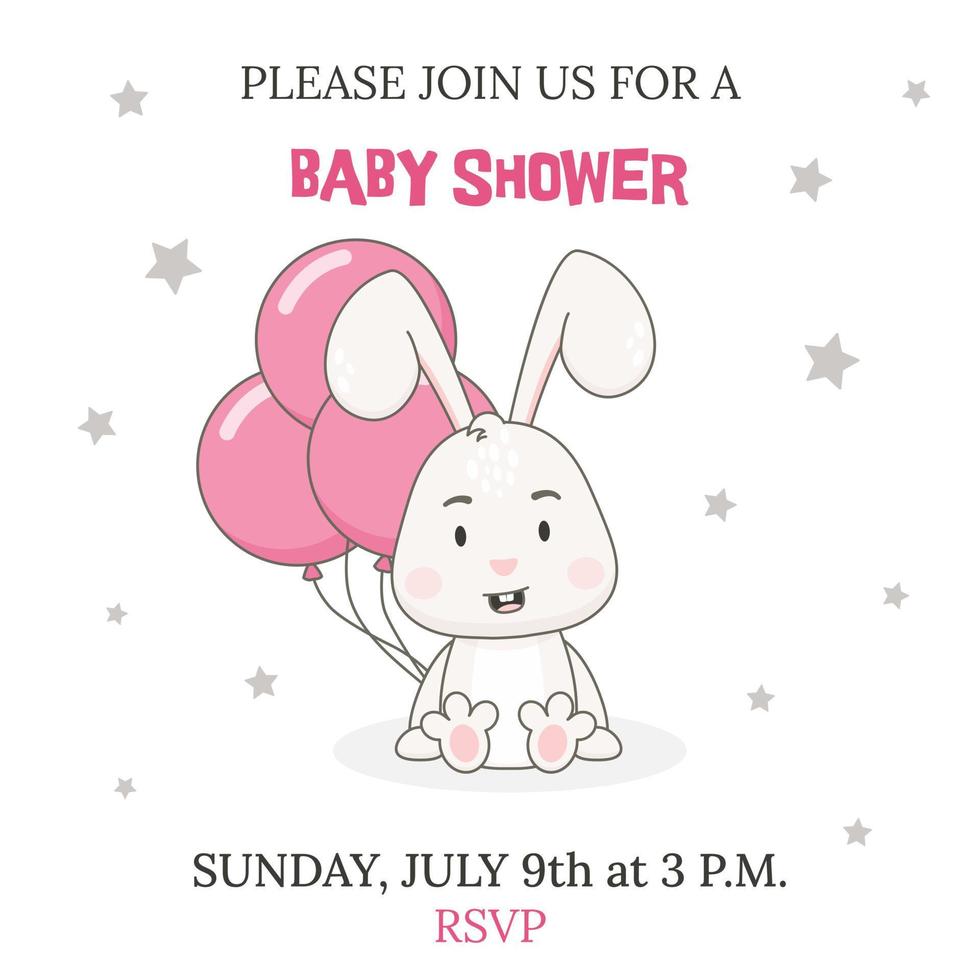 Baby shower party invitation template. Cute rabbit character with pink balloons isolated on white background. Bunny vector illustration.
