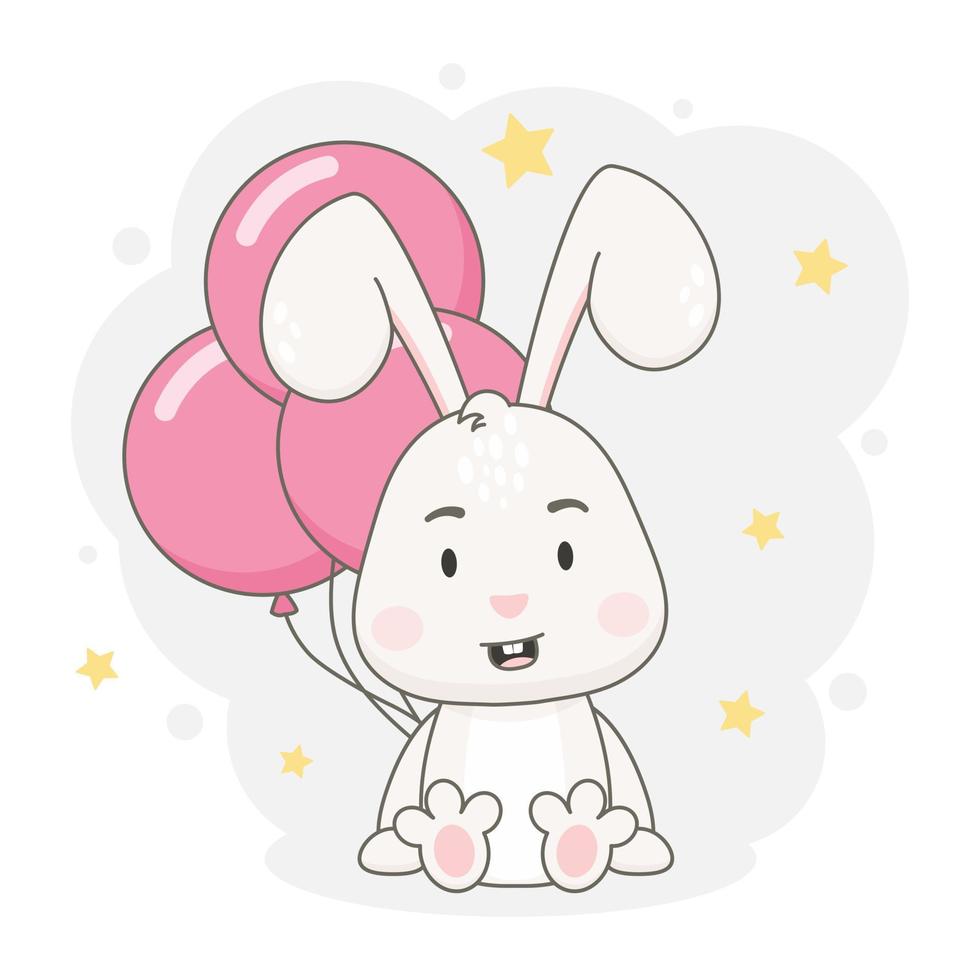 Cute rabbit character with pink balloons and yellow stars vector