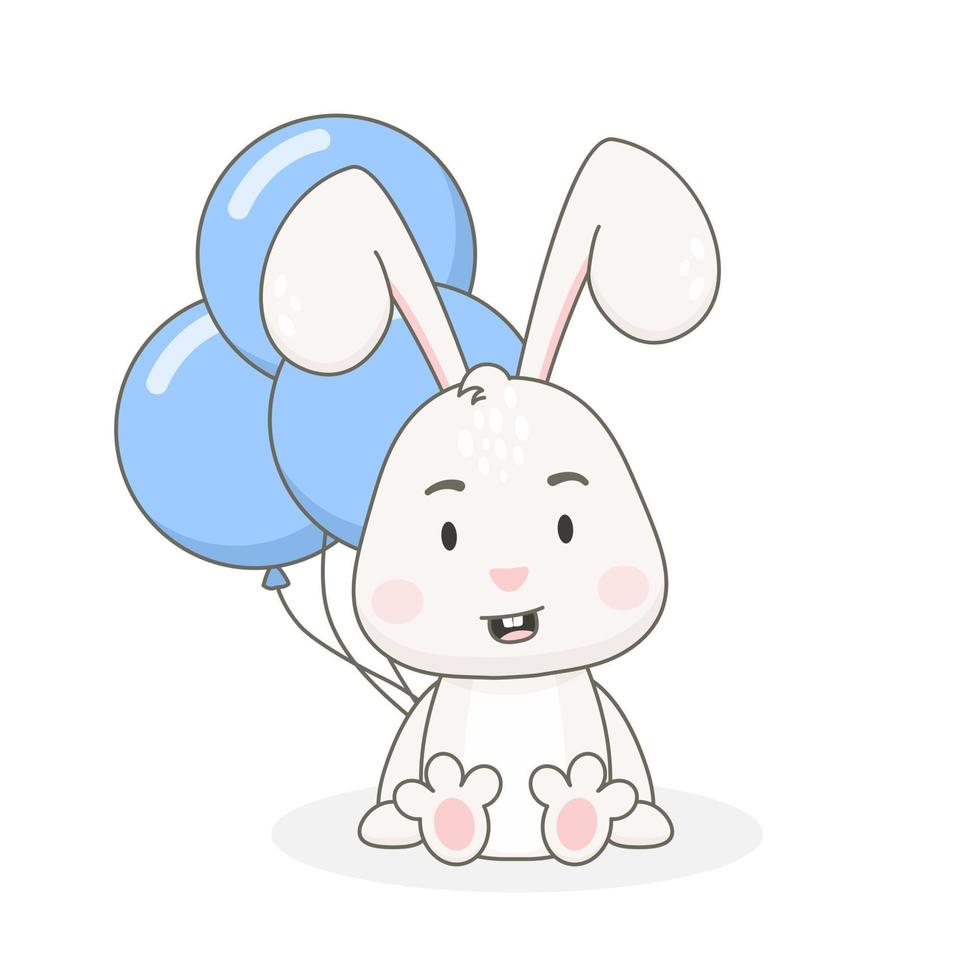 Cute rabbit character with blue balloons isolated on white background vector