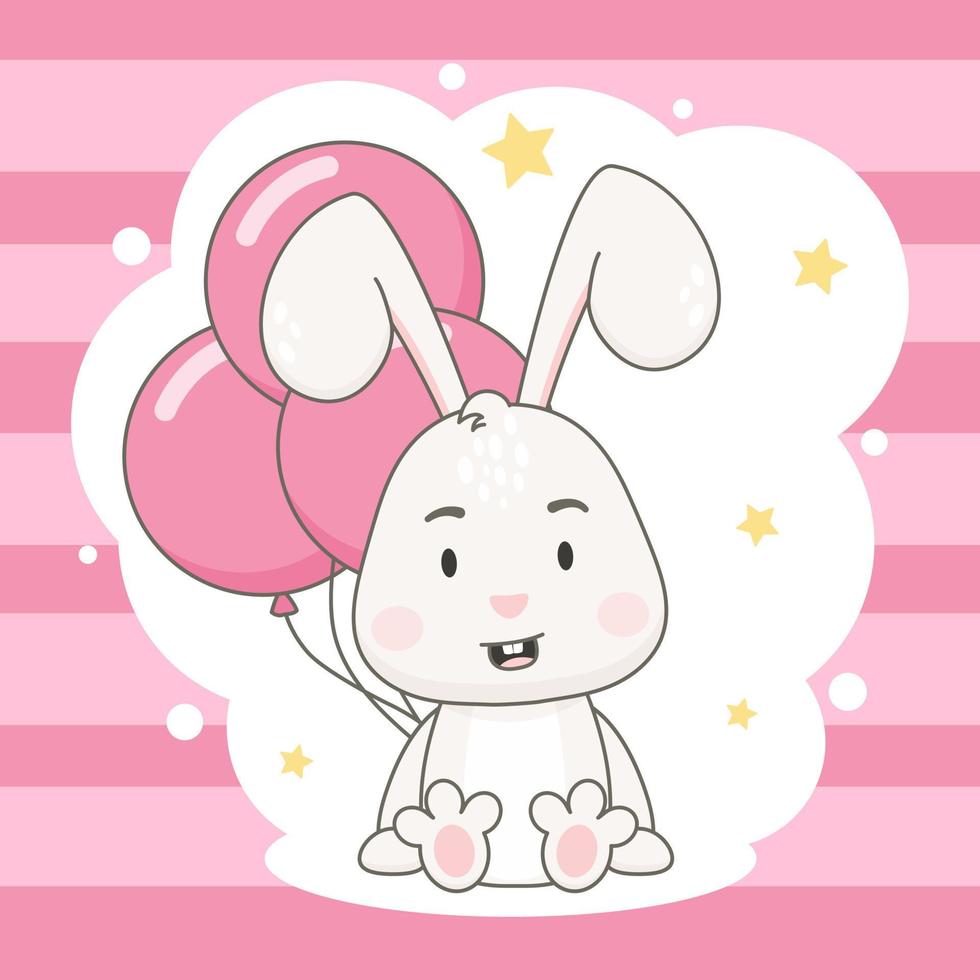 Cute rabbit character with pink balloons isolated on stripped background. Bunny vector illustration.