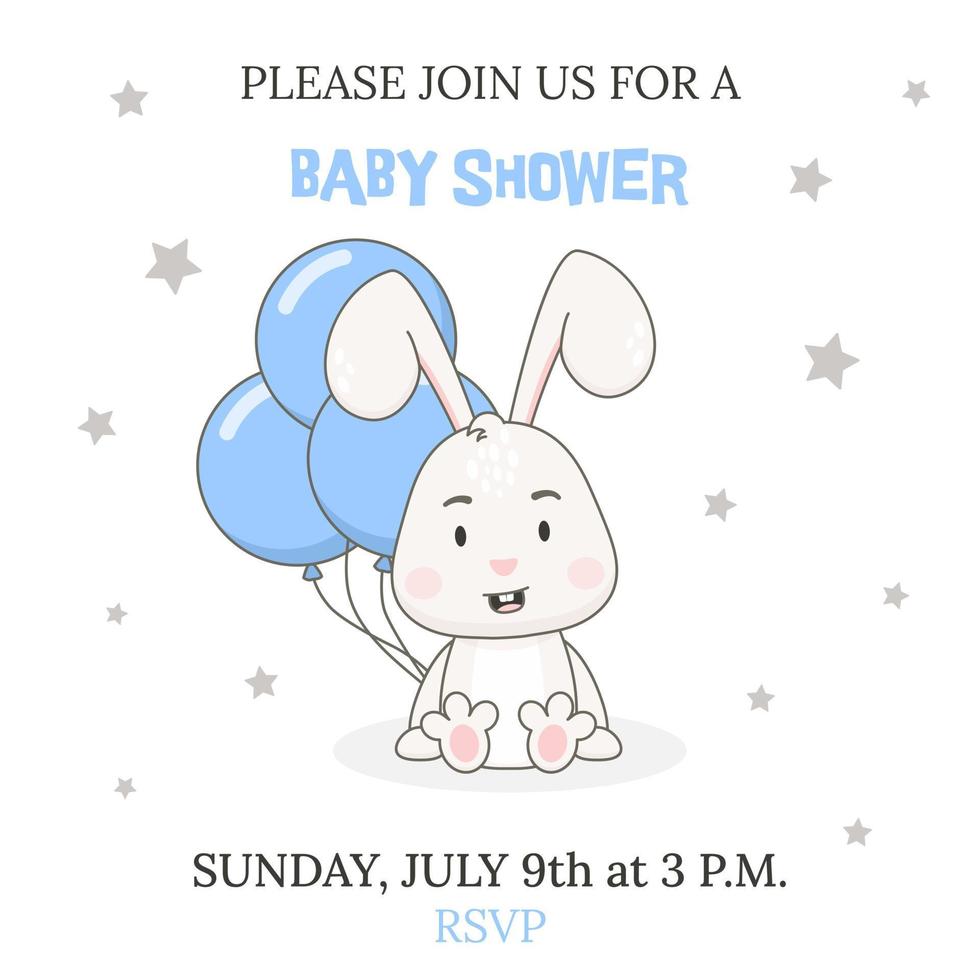 plantilla de invitación de fiesta de baby shower. lindo personaje de conejo con globos azules aislados en fondo blanco. ilustración vectorial de conejito. vector