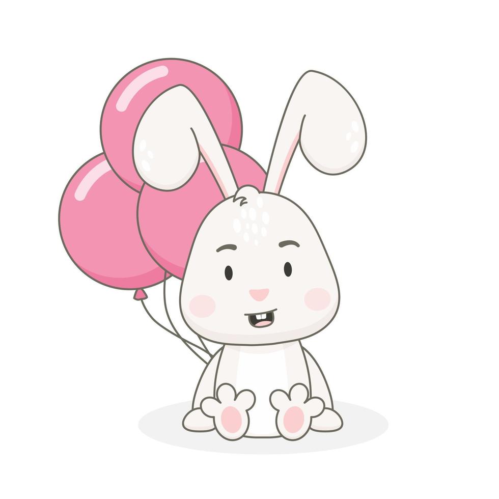 Cute rabbit character with pink balloons isolated on white background. Bunny vector illustration.