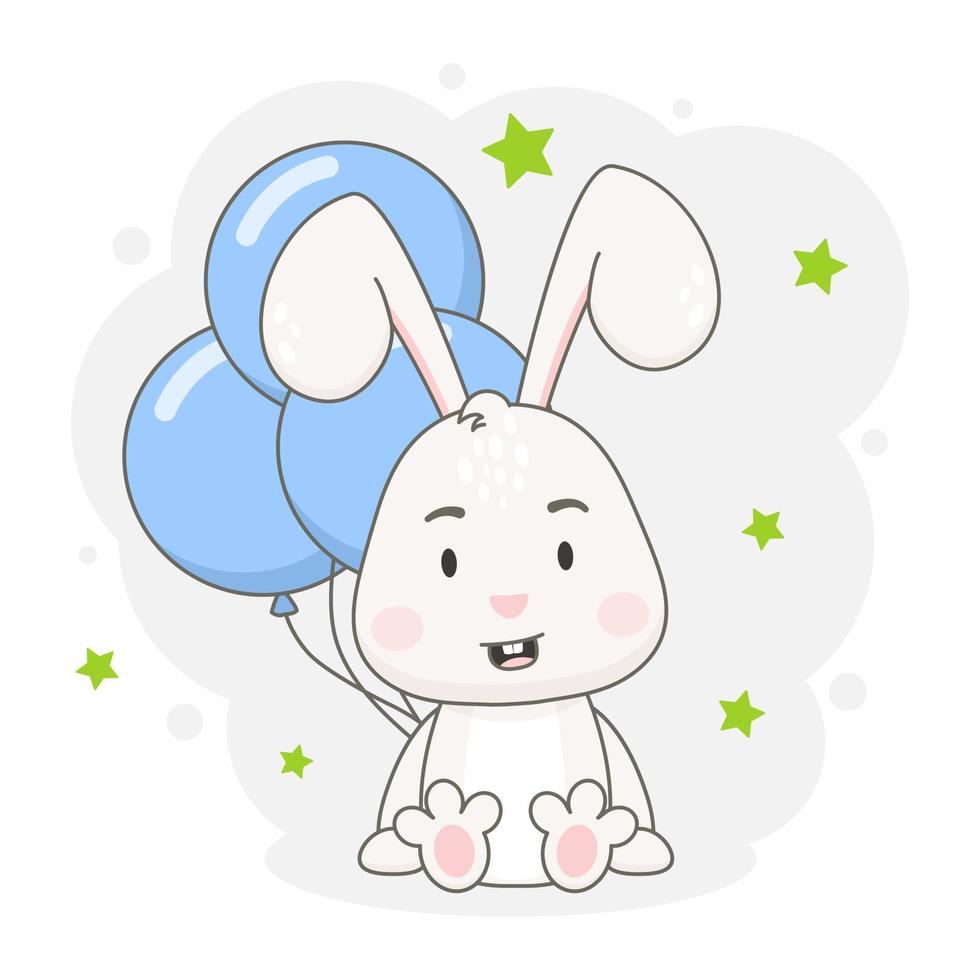 Cute rabbit character with blue balloons and green stars isolated on white background vector