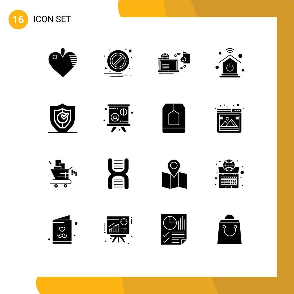 Group of 16 Solid Glyphs Signs and Symbols for secure locked game gdpr intelligent home Editable Vector Design Elements