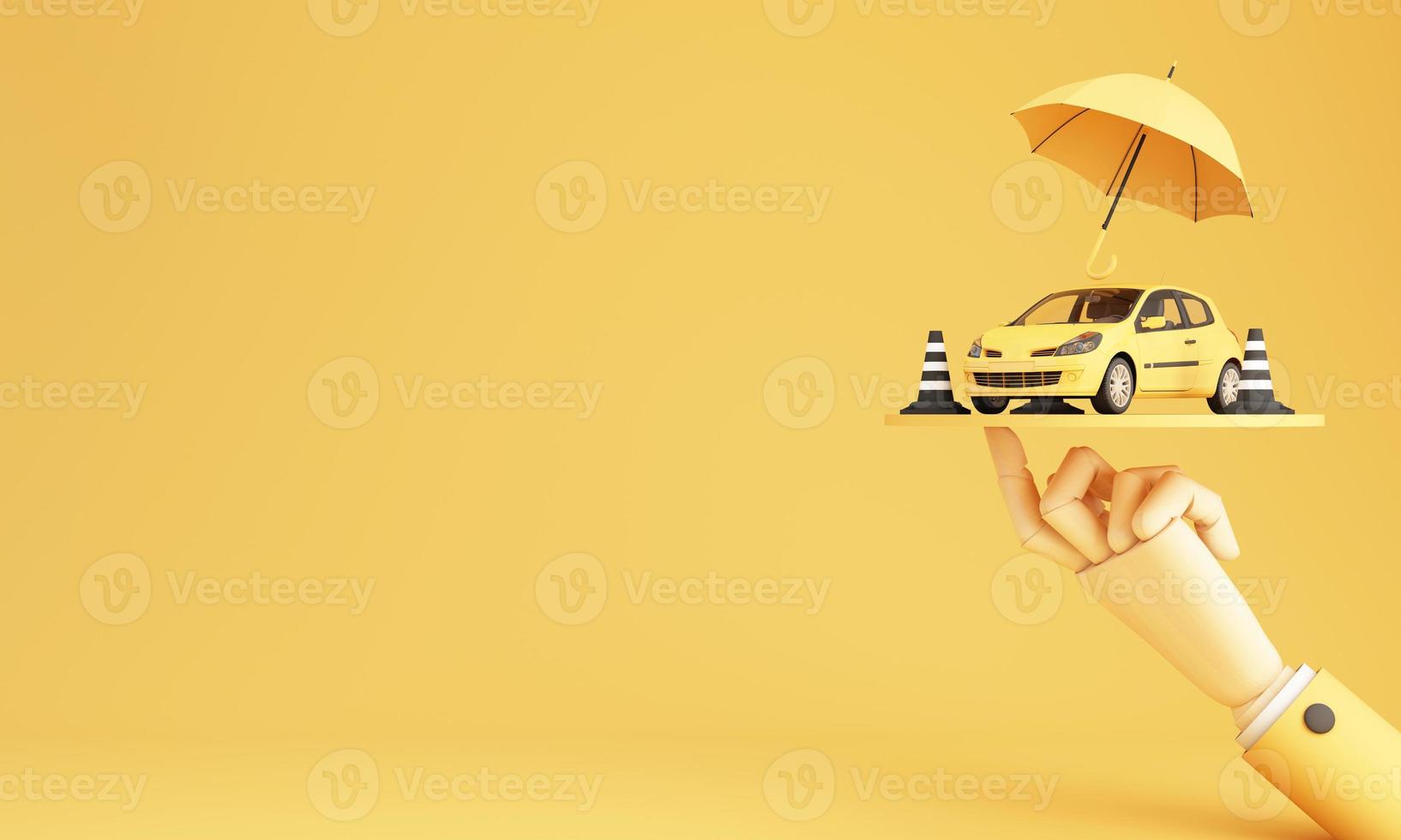 Car protection and safety assurance concept, car insurance web banner design. yellow cars under the umbrella with traffic cone and business hand on yellow background. cartoon realistic 3d rendering photo