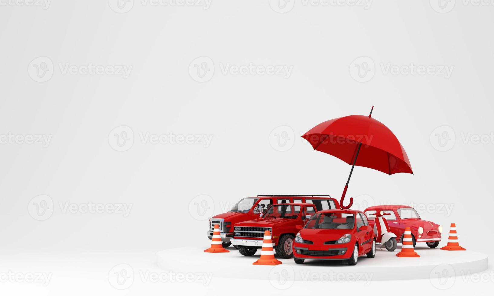 Car protection and safety assurance concept, car insurance web banner design. red automobile cars under the umbrella with traffic cone isolated on white background. cartoon realistic 3d rendering photo