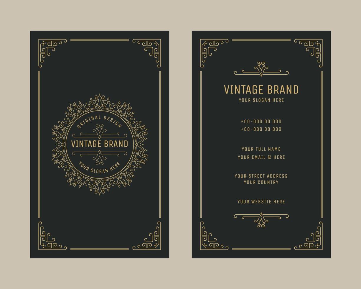 plantilla de logotipo de adorno de tarjeta de visita vertical vintage de lujo, diseño de marco de adorno de florituras retro vector