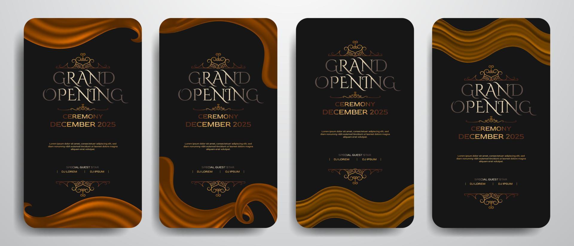 Grand opening elegant luxury banner social media story template with red curtain, silk swirl, black background vector