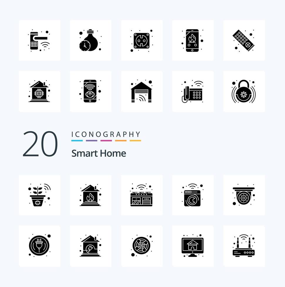 20 Smart Home Solid Glyph icon Pack like cctv machine mashing smart laundry device vector