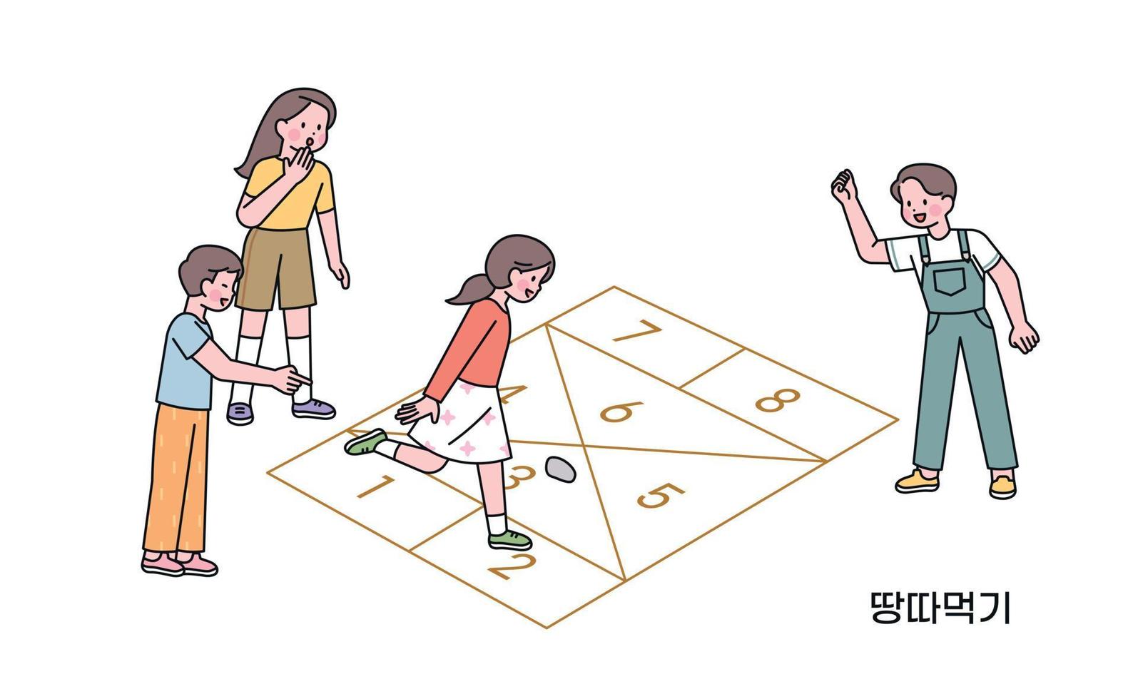Korean childhood games. Drawing lines on the floor and playing a game of hopscotch. Korean translation hopscotch vector
