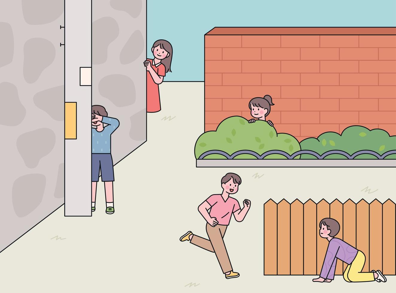 Juegos infantiles coreanos. lindos niños están jugando al escondite en el callejón. página de ilustración vector