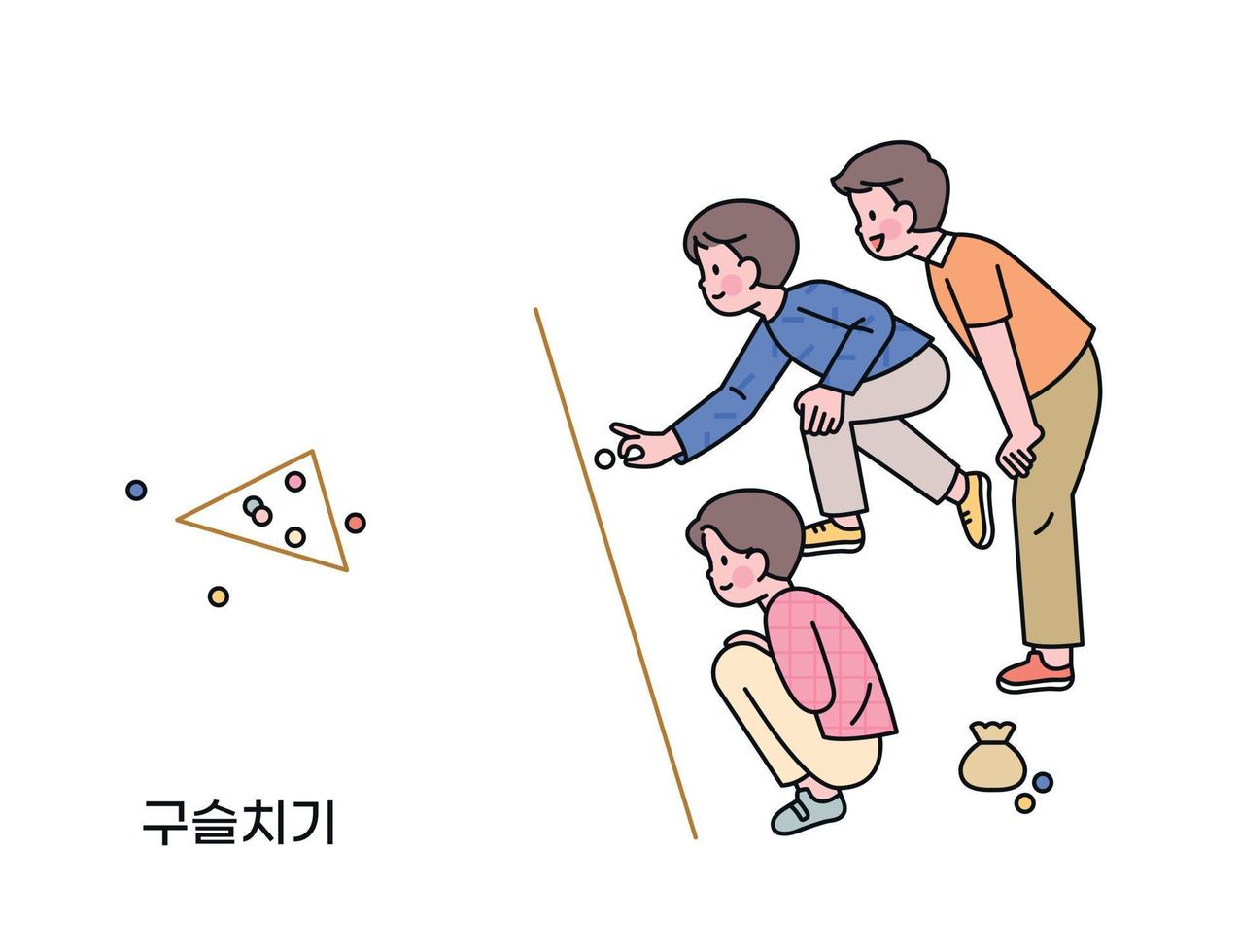 Korean childhood games. Boys are gathering and playing marbles. Korean translation Marbles vector