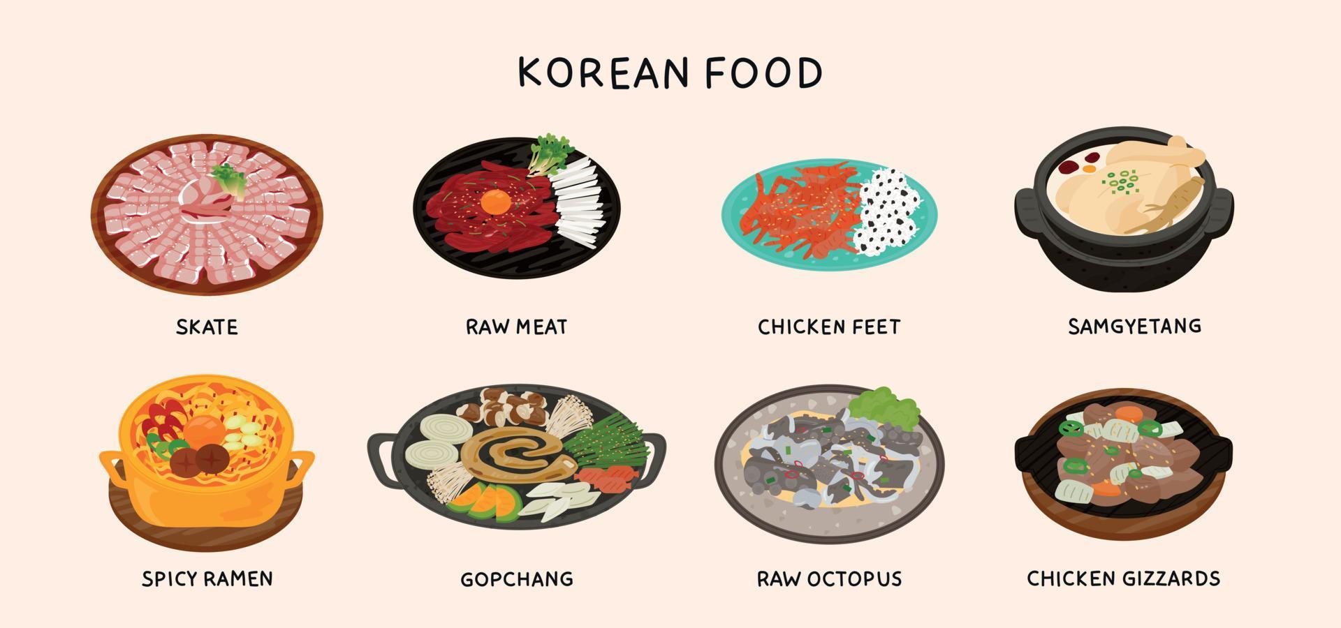 Korean unique food. Skate, raw meat, chicken feet, samgyetang, spicy ramen, tripe, octopus, chicken gizzard. vector