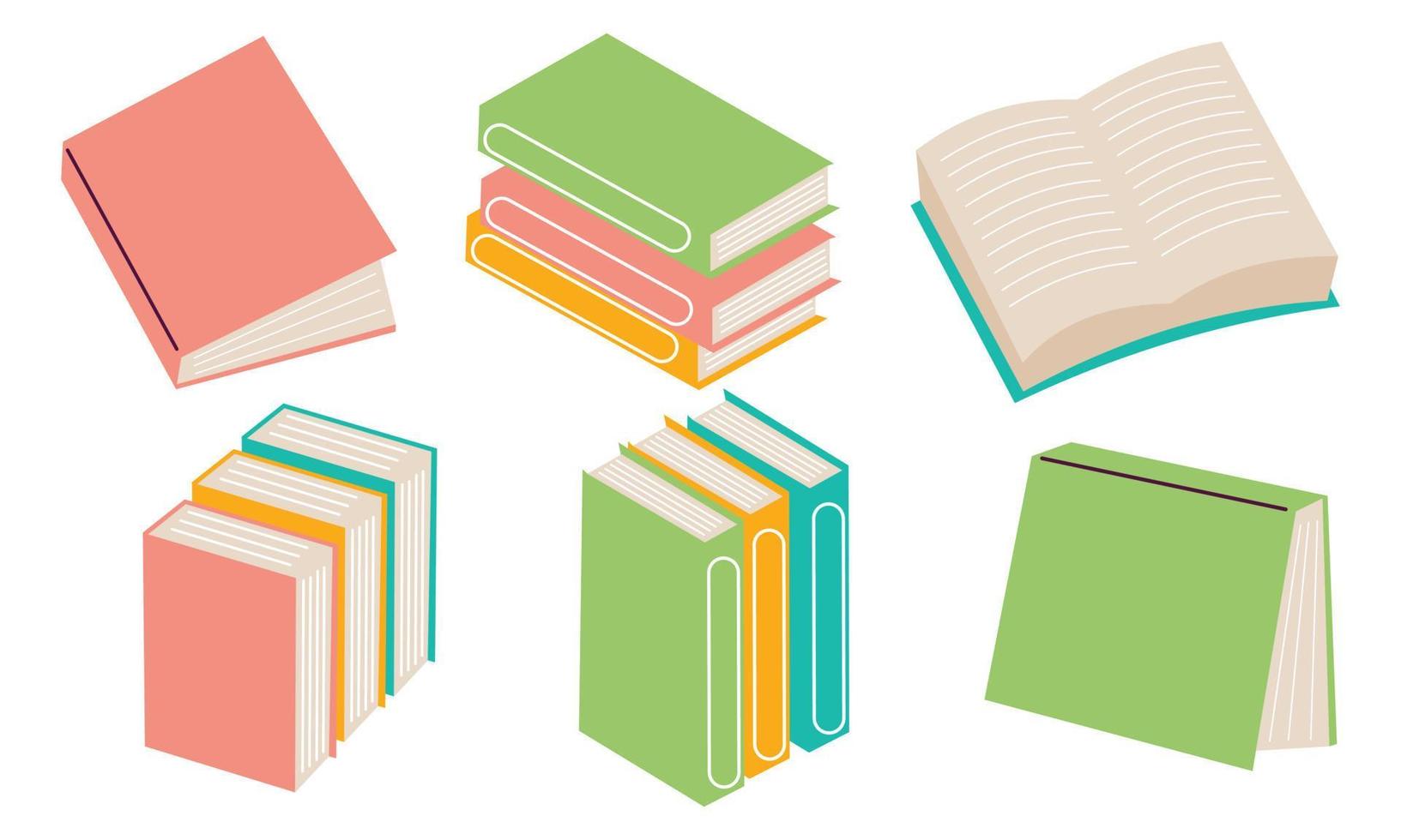 Set of books for reading, literature, dictionaries, encyclopedias, planners with bookmarks. vector