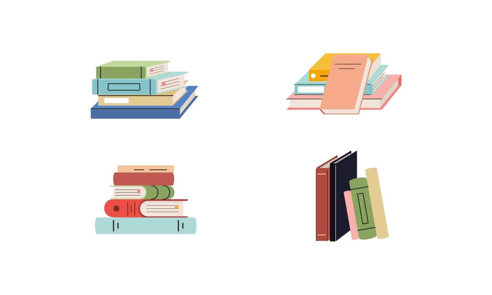 conjunto de libros para lectura, literatura, diccionarios, enciclopedias, planificadores con marcadores. vector