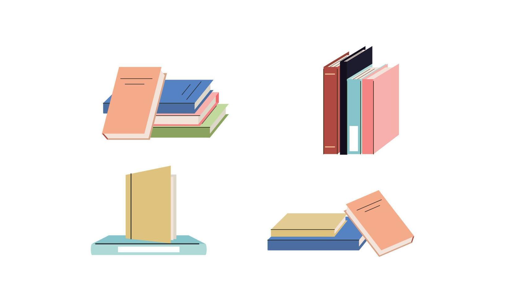 Set of books for reading, literature, dictionaries, encyclopedias, planners with bookmarks. vector