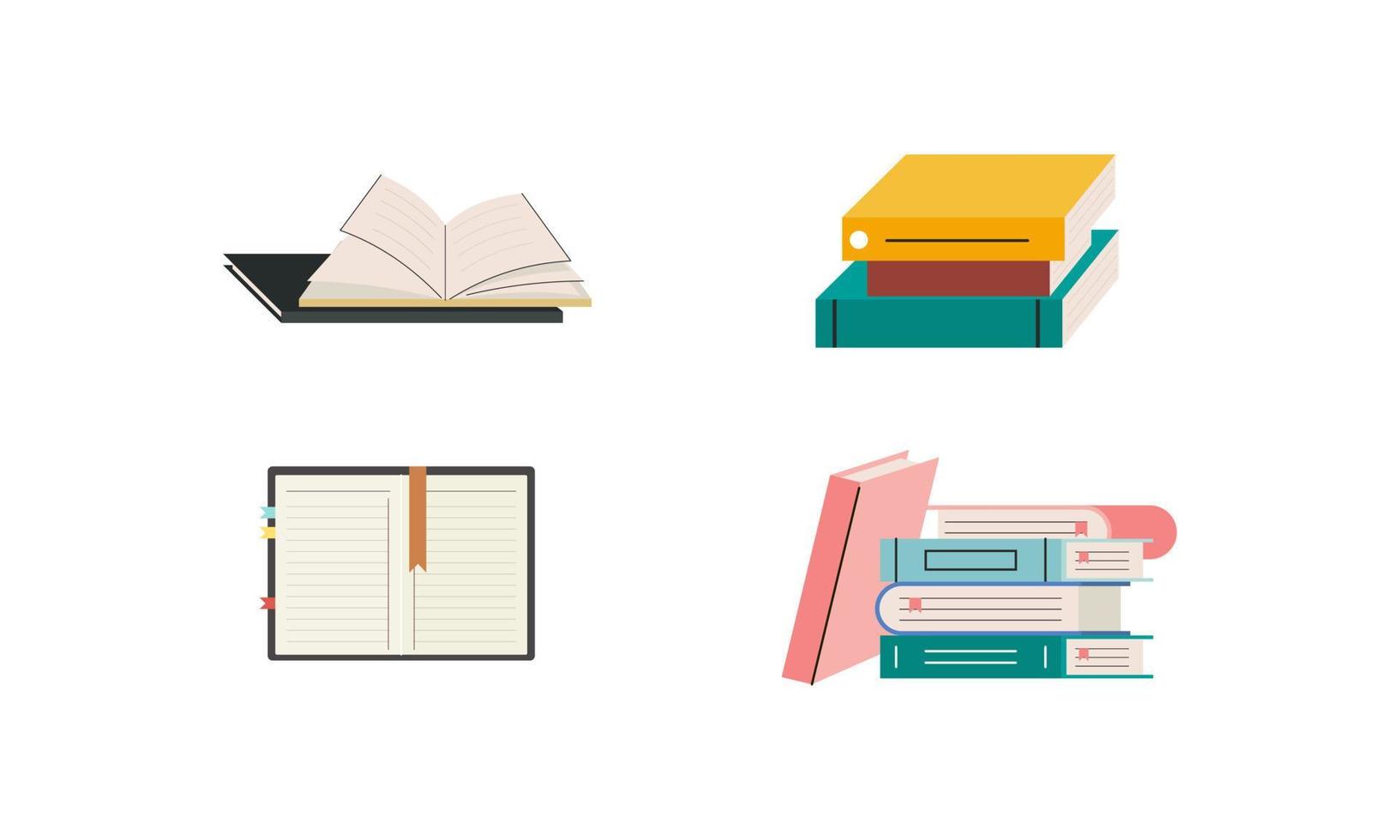 conjunto de libros para lectura, literatura, diccionarios, enciclopedias, planificadores con marcadores. vector