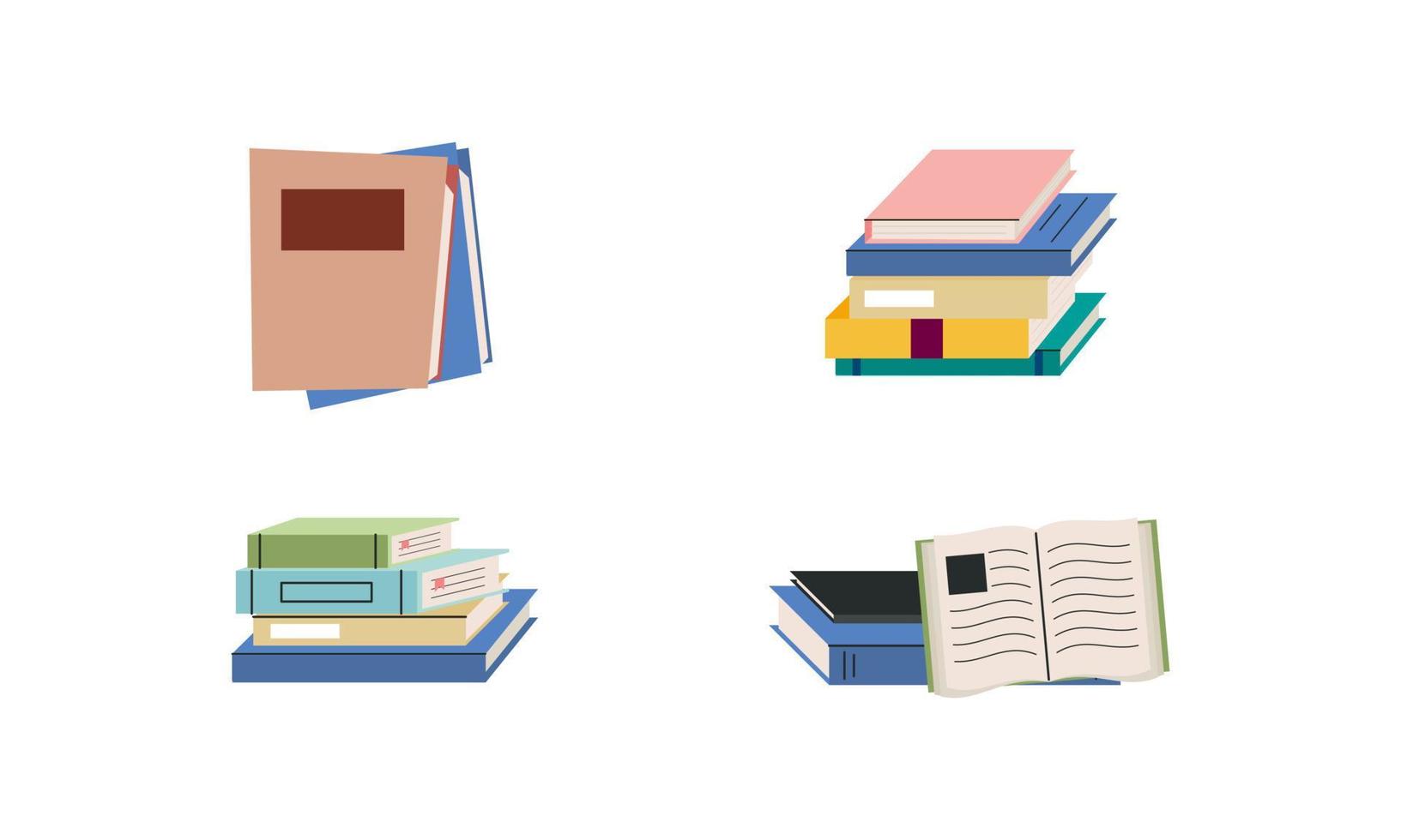 Set of books for reading, literature, dictionaries, encyclopedias, planners with bookmarks. vector
