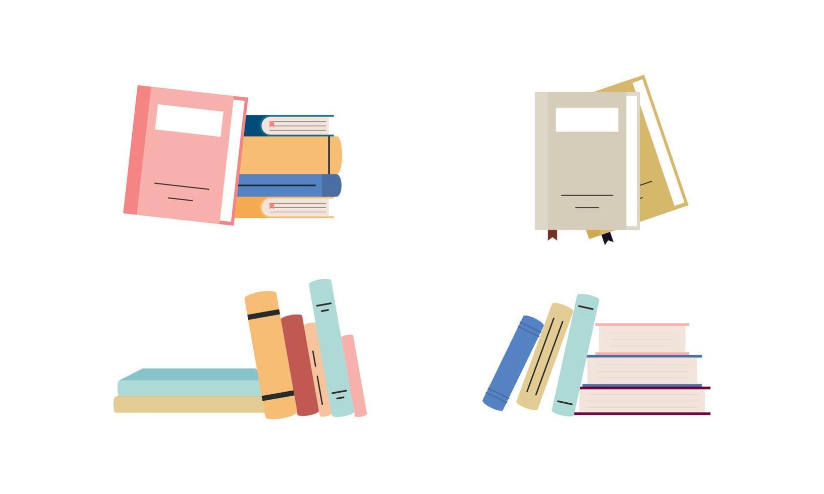 conjunto de libros para lectura, literatura, diccionarios, enciclopedias, planificadores con marcadores. vector