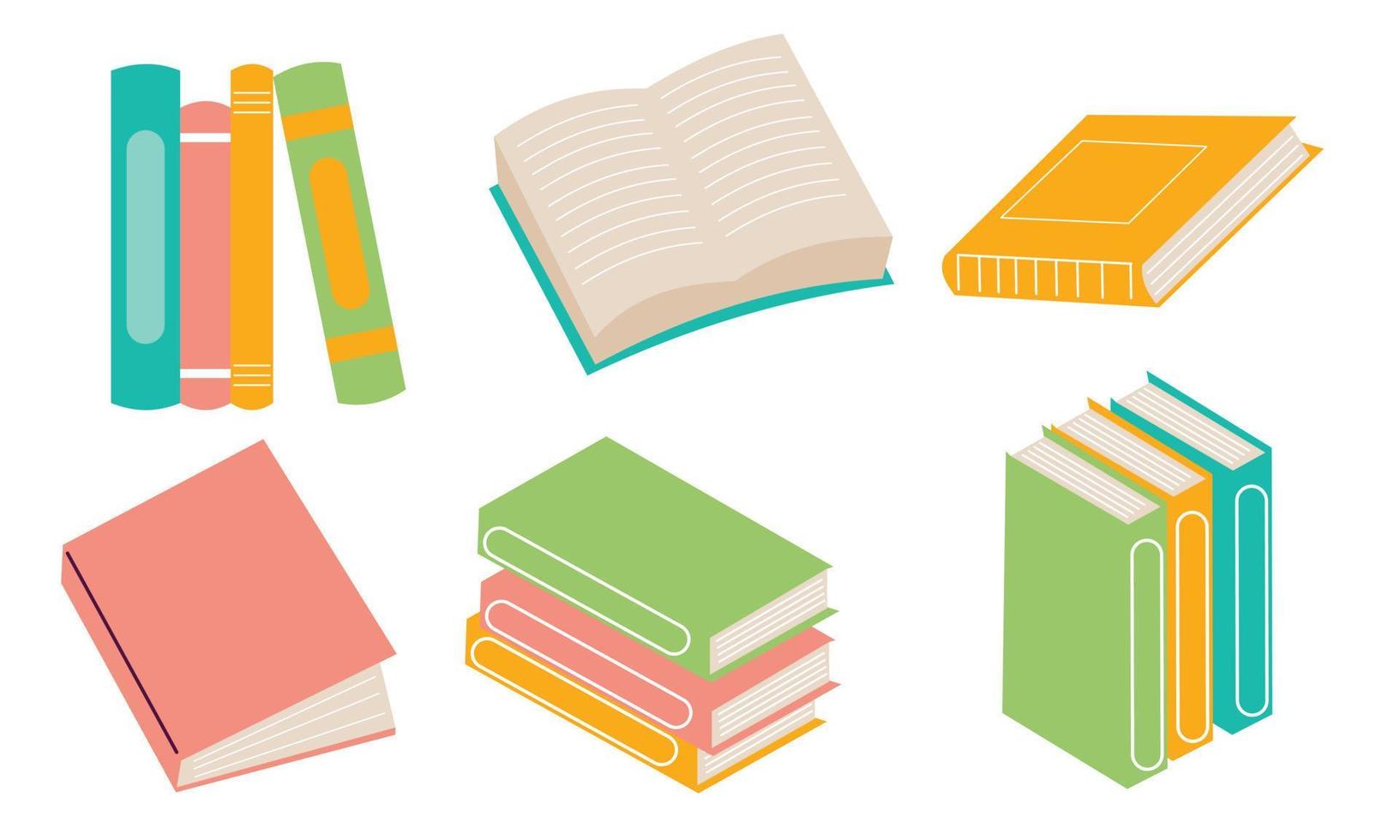 Set of books for reading, literature, dictionaries, encyclopedias, planners with bookmarks. vector