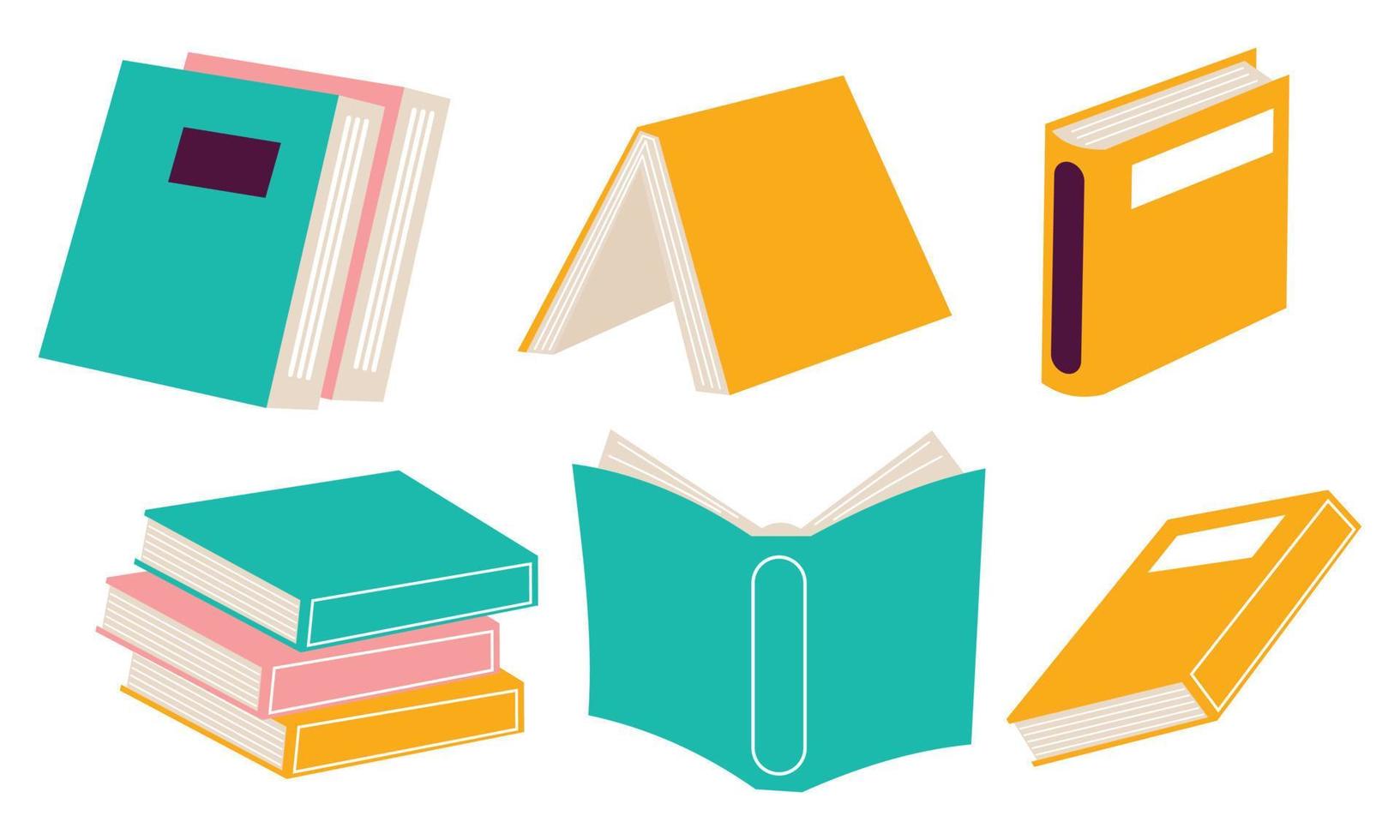 conjunto de libros para lectura, literatura, diccionarios, enciclopedias, planificadores con marcadores. vector