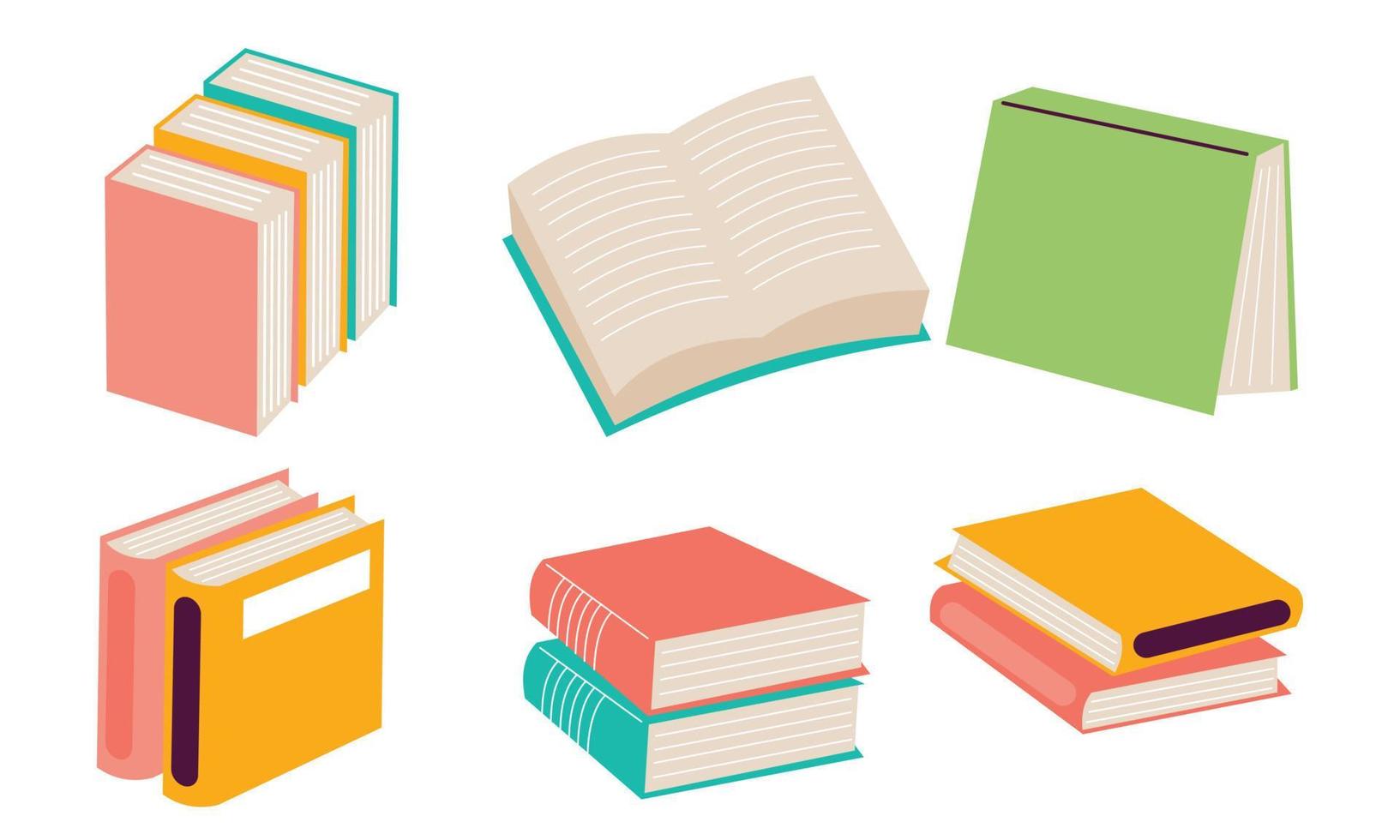 conjunto de libros para lectura, literatura, diccionarios, enciclopedias, planificadores con marcadores. vector