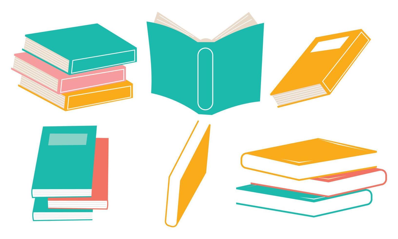 Set of books for reading, literature, dictionaries, encyclopedias, planners with bookmarks. vector