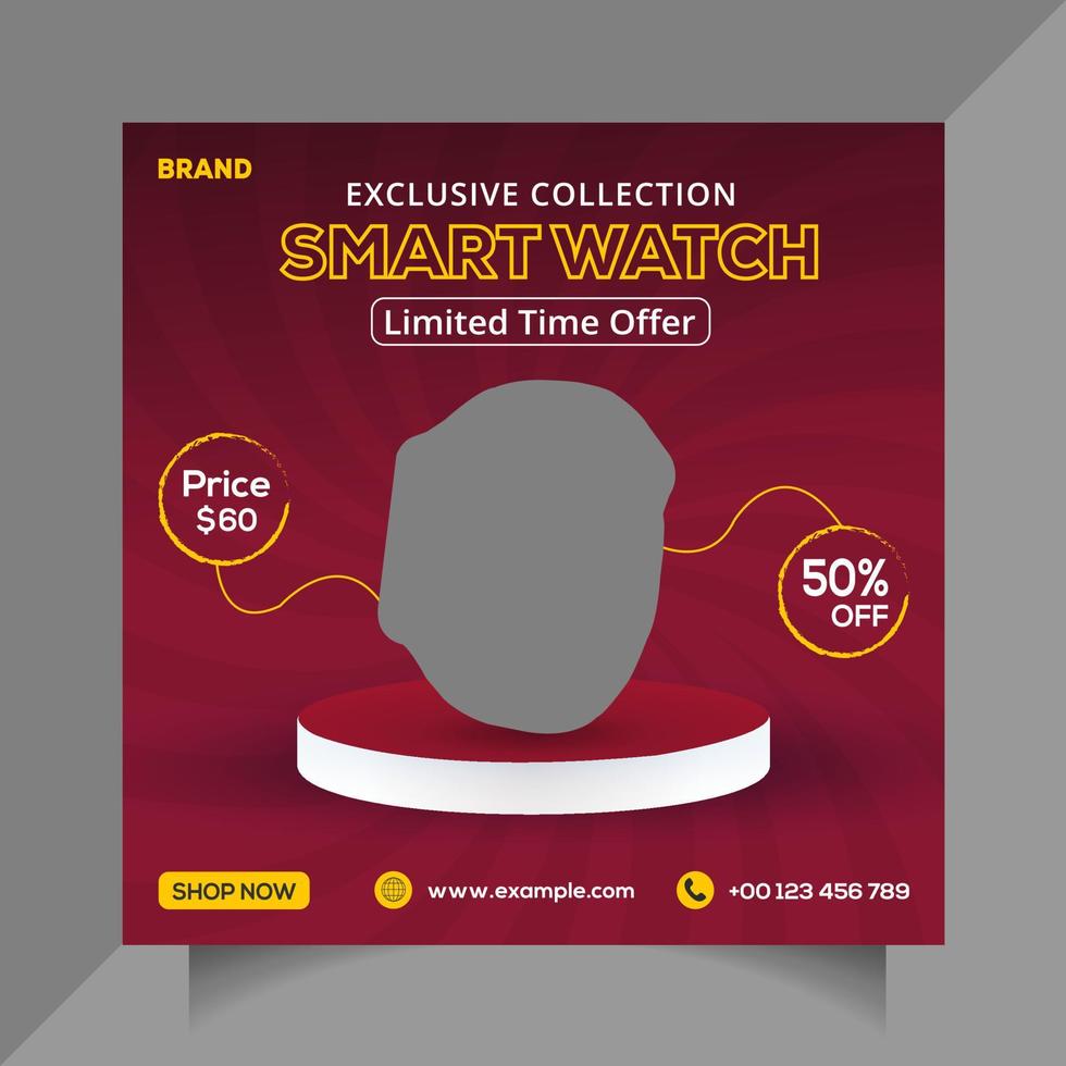 Wrist Watch sale discount template. Smartwatch product sale social media post vector. Gadget product advertising template design.Clock business promotional template. Free Vector