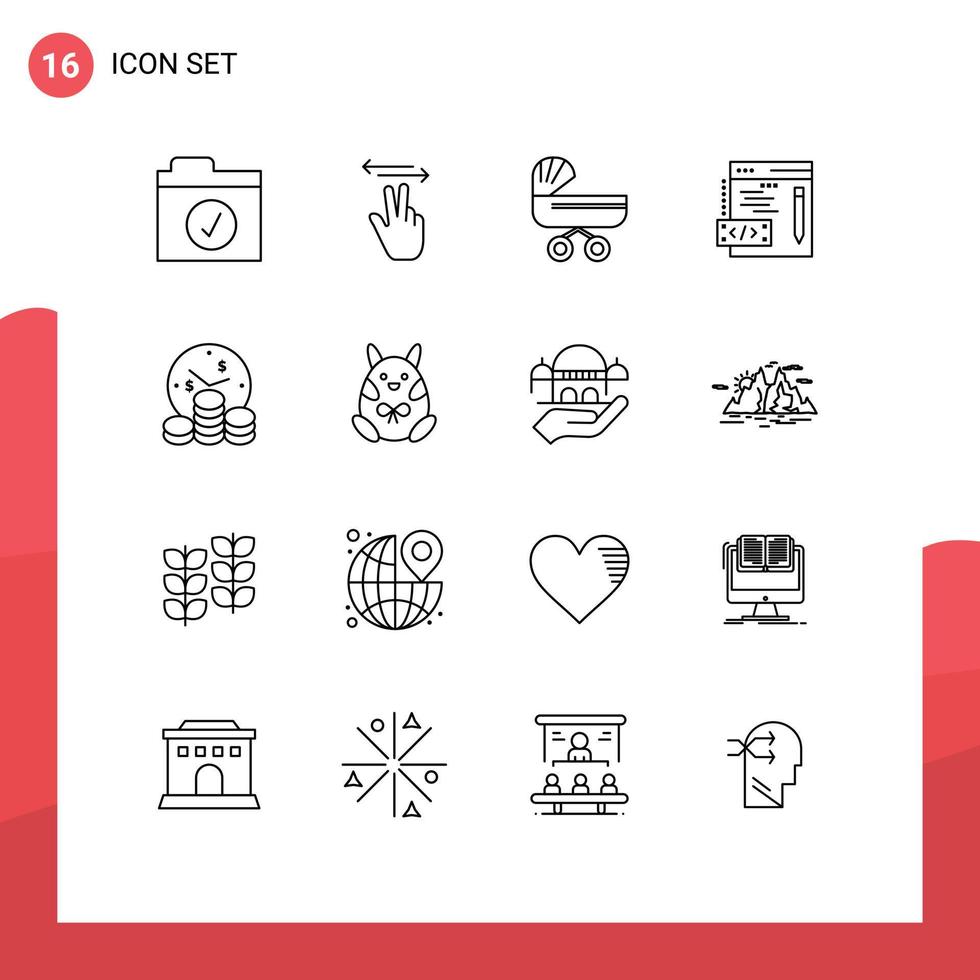 Group of 16 Modern Outlines Set for money business baby web coding Editable Vector Design Elements