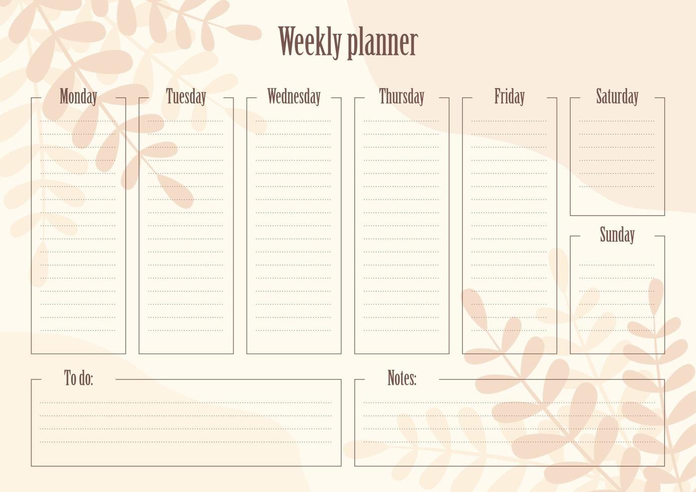 Weekly planner template. Vector design.