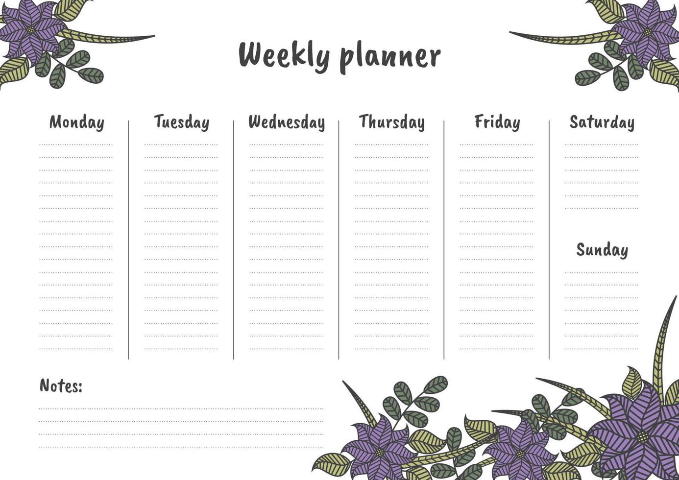 Weekly planner template. Vector design.