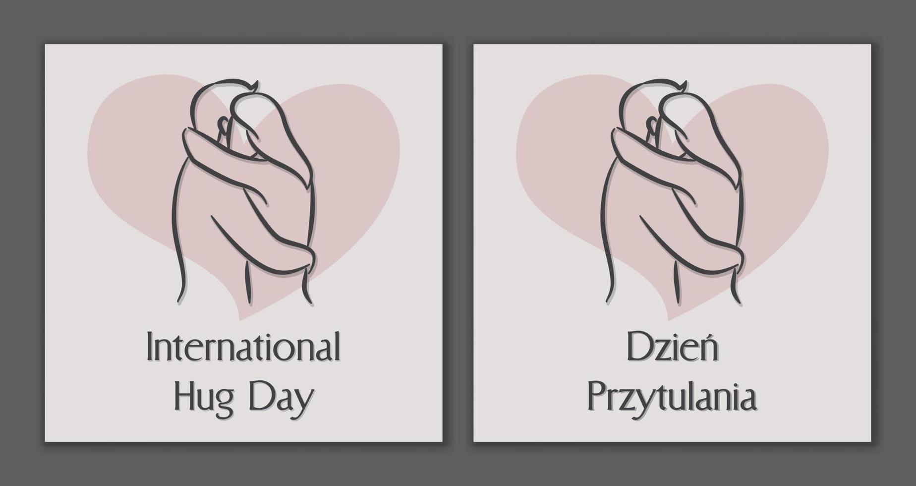 día internacional del abrazo. día del Abrazo. esquema de pareja abrazándose. polaco e inglés. vector