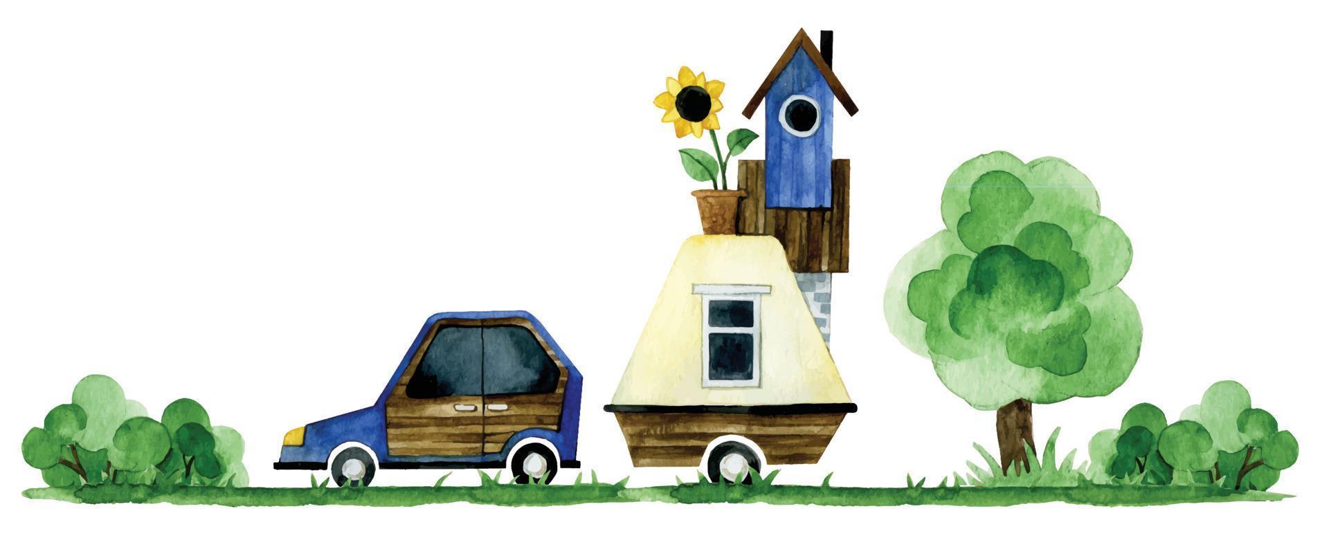 horizontal watercolor drawing, border with motorhome, car. theme moving, travel, camping. funny children's drawing vector