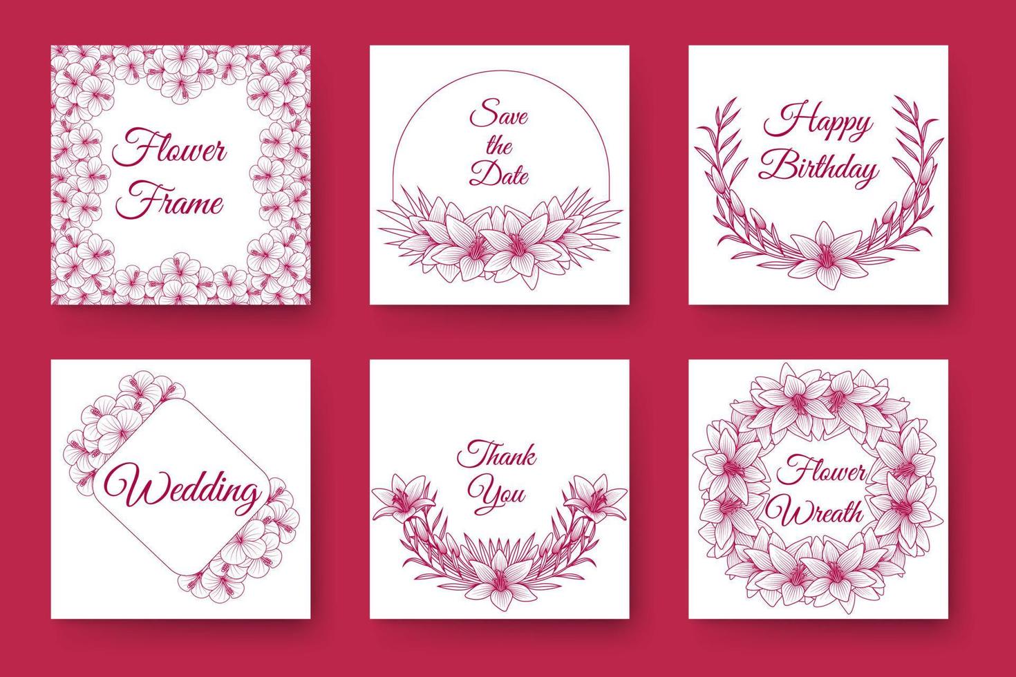 flowers and floral wreath wedding invitation frame design with elegant viva magenta backgrounds vector