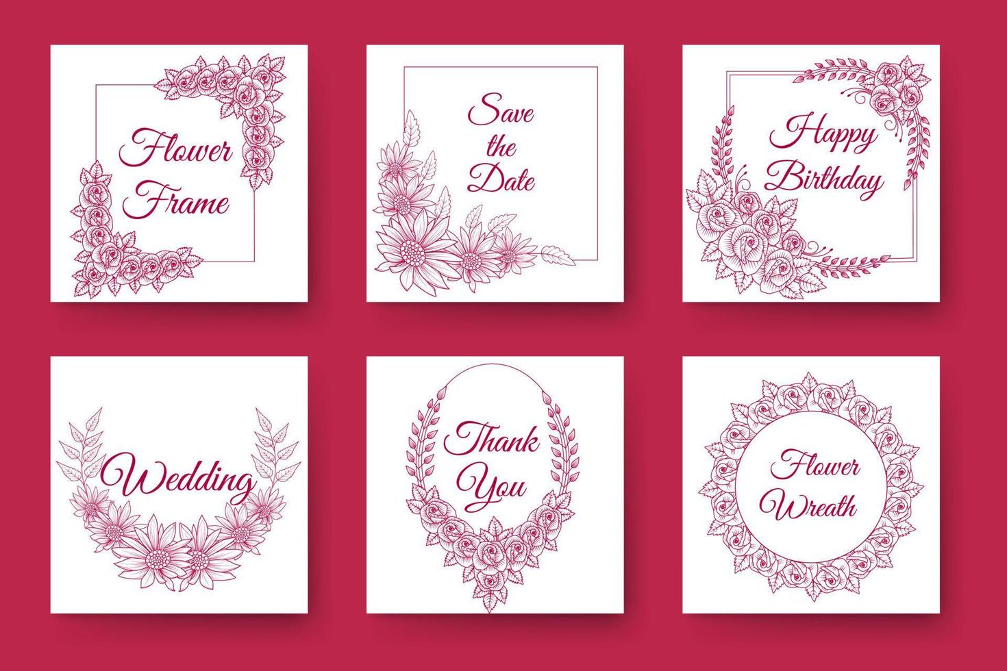 flowers and floral wreath wedding invitation frame design with elegant viva magenta backgrounds vector